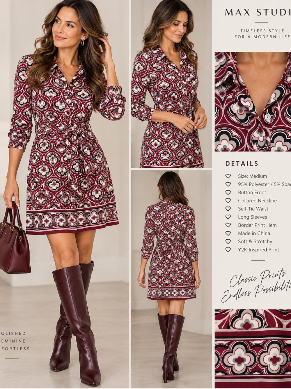 Max Studio Y2K Burgundy Geometric Print Belted Shirt Dress M
